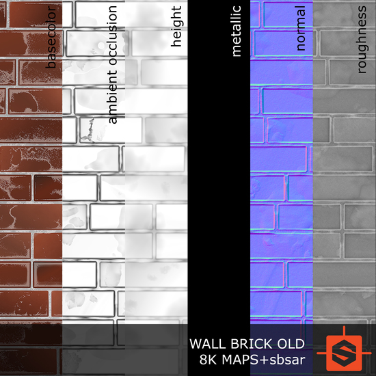 PBR substance material of wall brick old created in substance designer for graphic designers and game developers.