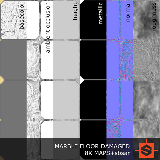 PBR substance material of marble floor damaged created in substance designer for graphic designers and game developers