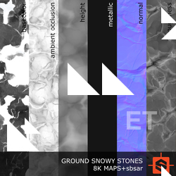 PBR substance material of ground snowy stones created in substance designer for graphic designers and game developers