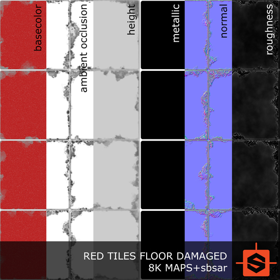 PBR substance material of wall tiles damaged created in substance designer for graphic designers and game developers