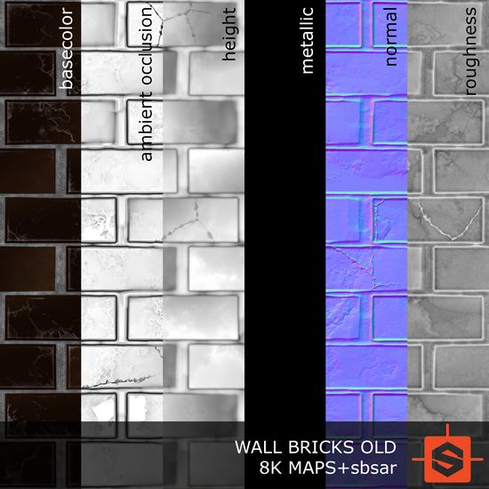 PBR substance material of wall bricks old created in substance designer for graphic designers and game developers